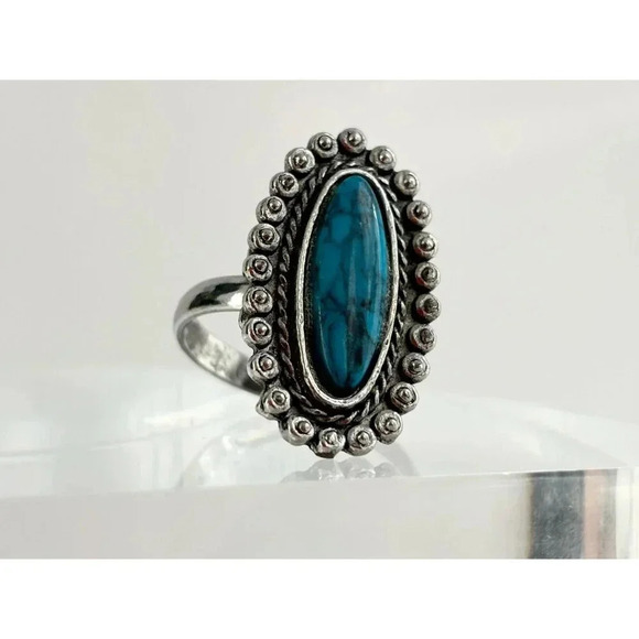 Silver Toned Textured Bead Faux Turquoise Adjustable Southwest Style Ring - sz 6 - Picture 3 of 10